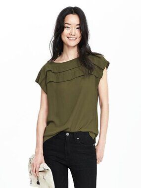 Banana Republic Olive Green Layered Ruffle Top XS Like New